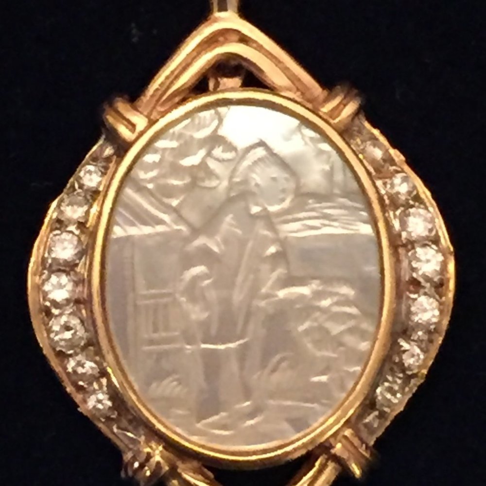 14k Diamond Mother of Pearl Pendant Necklace Enhancer Portrait Landscape MOP Vtg - Picture 4 of 14